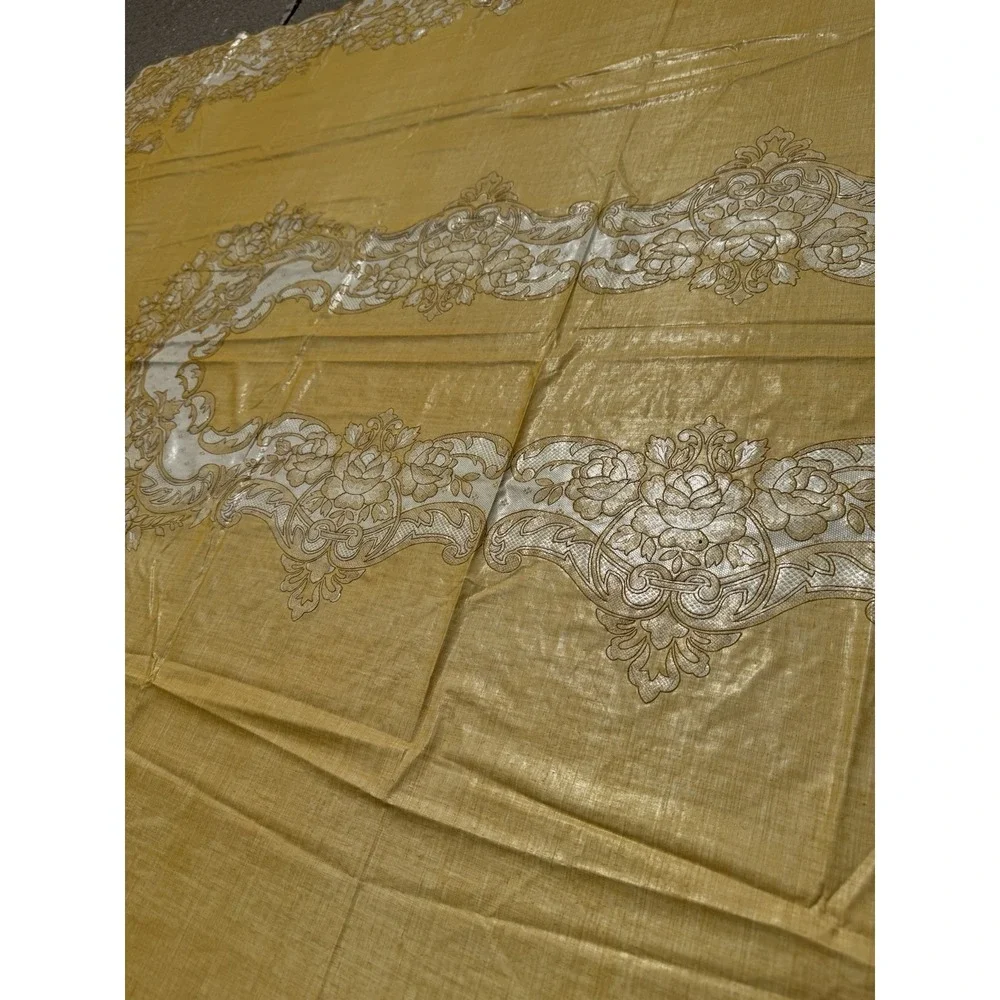 Vintage Mustard Yellow 90x60 Vinyl/Oil Cloth Backing Damask Table Cloth 1950-70